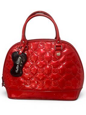 Hello Kitty Red Patent Dome Purse With Embossed Design & Black Bow Charm